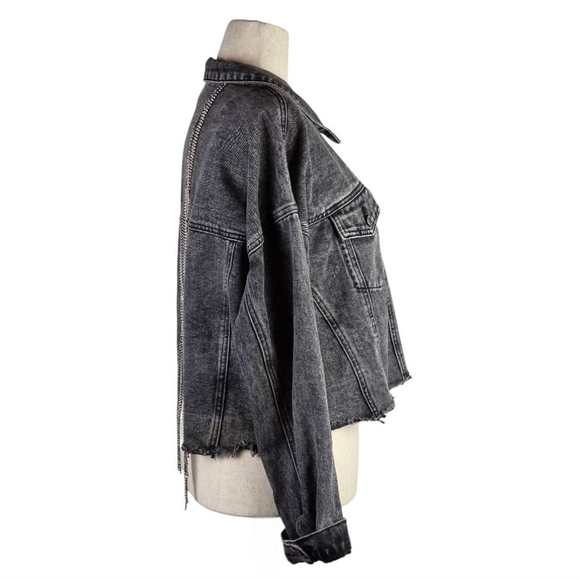 Savanna Jane Rhinestone Fringe Black Acid Wash Cropped Denim Jacket L Maximalism - Picture 3 of 7